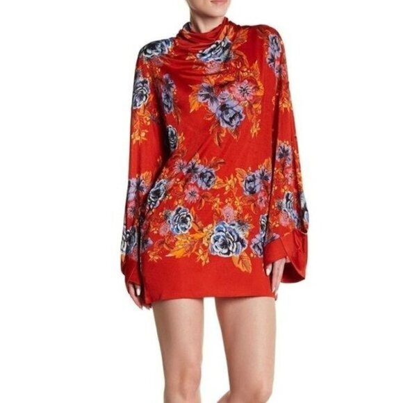 NEW Free People 2AM Long Sleeve Mini Dress Size Small Red Orange Floral Print - Picture 1 of 5